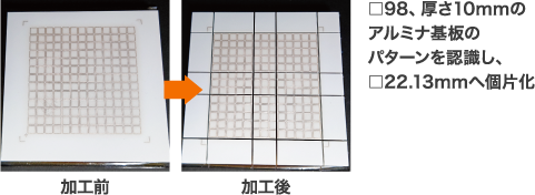 □98、厚さ10mmのアルミナ基板のパターンを認識し、□22.13mmへ個片化